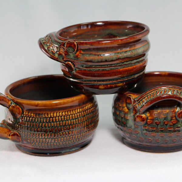 snack bowls,  three pottery charcuterie cups, dip cups, pottery bowls (F20)