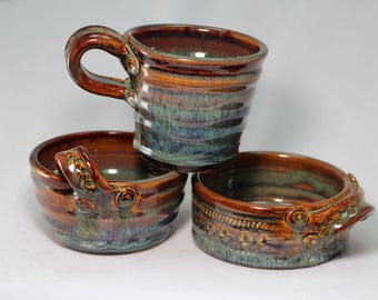pottery dip or charcuterie cups, three snack bowls (S17)