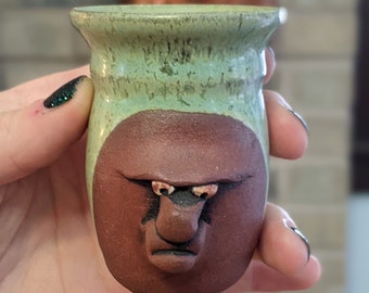 Vintage handmade pottery Ugly Face / small vase / miniature sculpture bud vase green terracotta