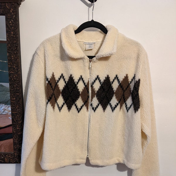 Brooke Vintage argyle teddy bear Sherpa crop zip up jacket