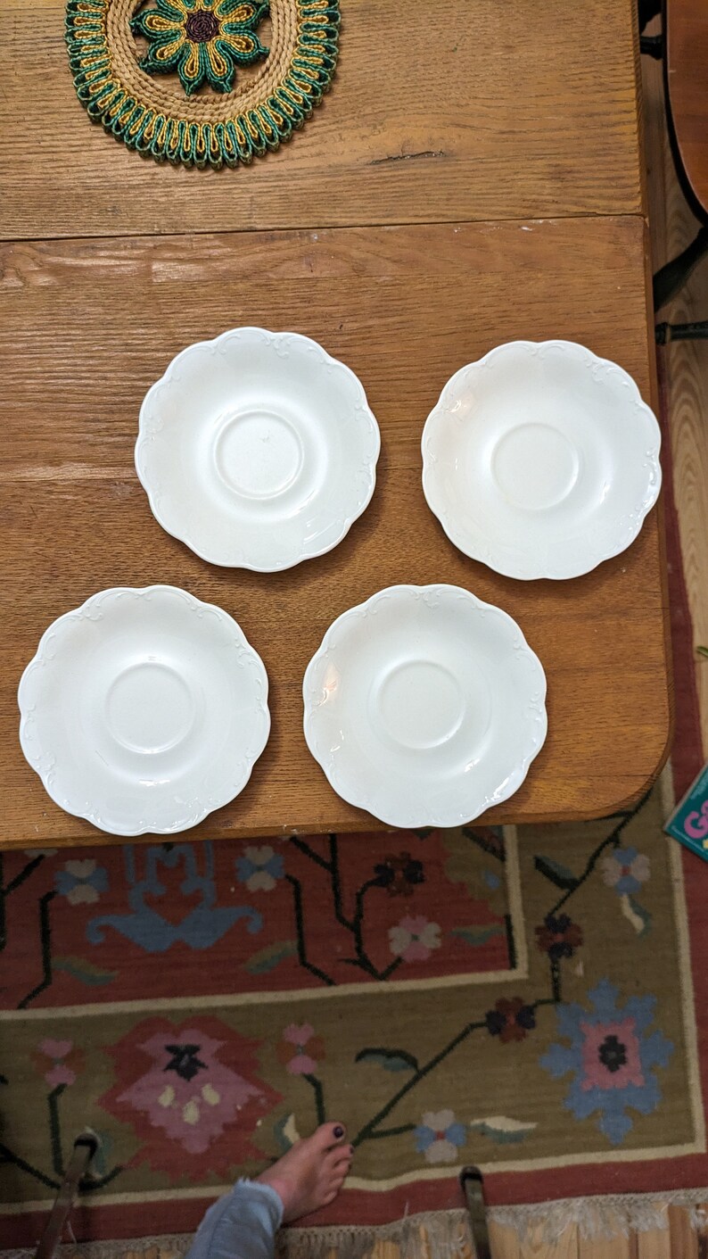 Antique Ironstone Johnson Bros Plate Set of 4 White Scroll Made in