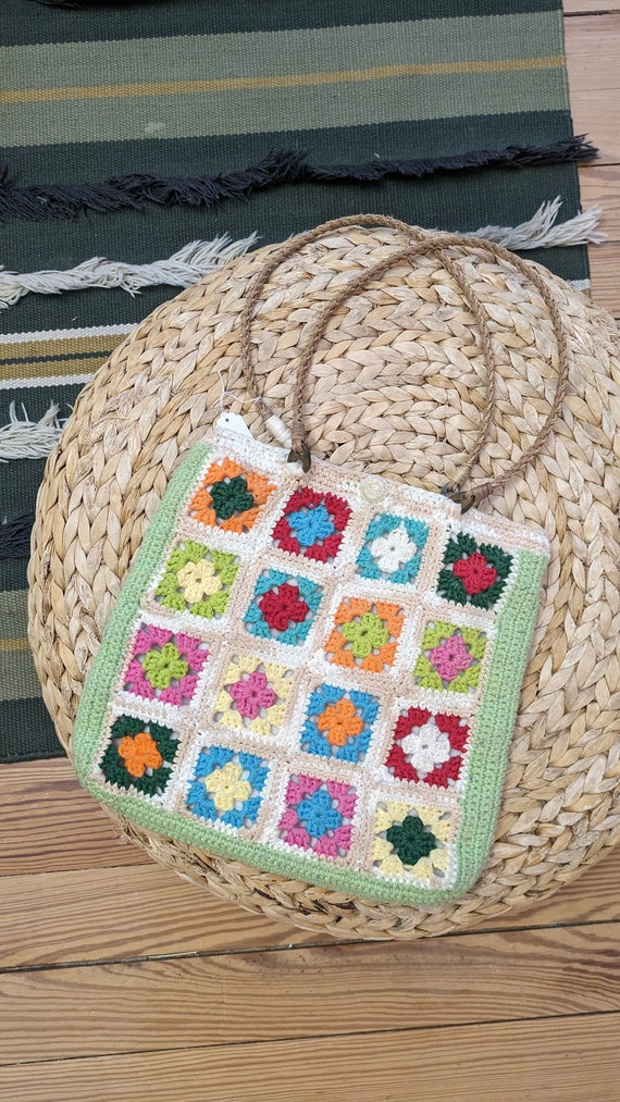 Annette Crochet granny square vintage lined tote b