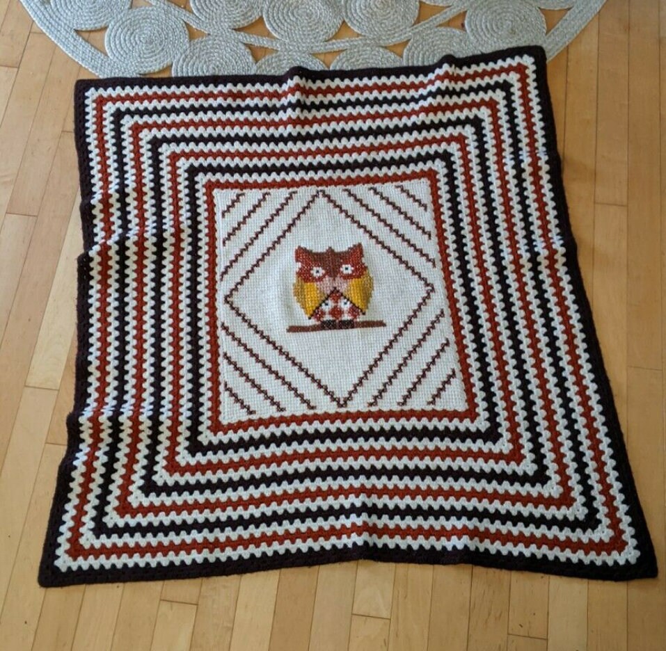 Vintage Retro hand crochet owl throw nature autumn colors
