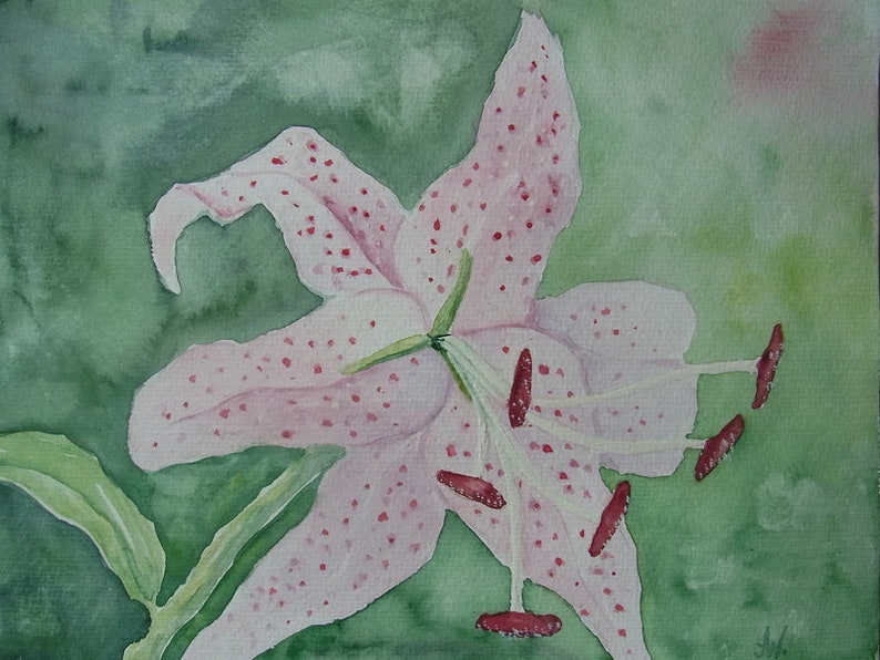 Lilie Original Aquarell Gemälde Malerei Unikat Blume grün rosa Kunst Bild Wandschmuck 24x32 individuelle Geschenke Bild 2