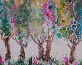 Acryl, Bäume, Pouring # Wiese, bunt - Kunst # Acrylbild # Original # Unikat - Einzigartiges