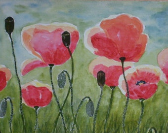 Watercolor Poppy Meadow Watercolors Original Painting Art Wall Decoration