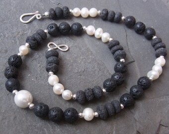 Lava Necklace Freshwater Pearls, Lava Collier Necklace Necklace, Black White Silver, Lava Beads, Gifts for Her, Unique