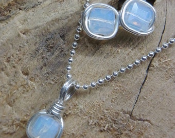 Set of stud earrings and pendant opalite chain necklace earrings square silver gifts for her unique gifts Christmas gifts