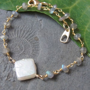 Armband Labradorit Süßwasserperlen Edelsteinarmband Perlenarmband Bild 1