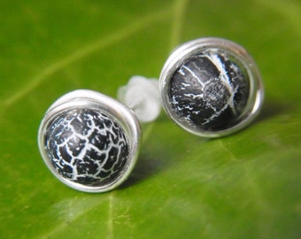 Stud earrings agate black grey ear jewelry plug gemstone studs silver