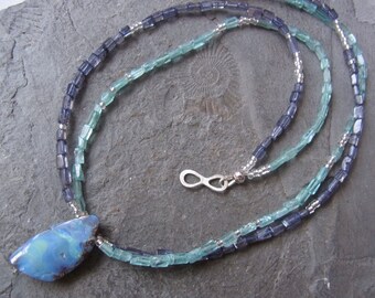 Opal necklace, blue green # Boulder Opal gemstones