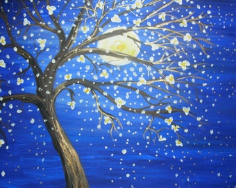 Acryl Baumblüte blau Nacht Mond Baum Gemälde Kunst Wandschmuck einzigartige Geschenke Weihnachtsgeschenke Geschenke für Sie und Ihn