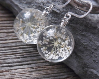 Dried flowers, earrings, white, ball, casting resin, gifts for her