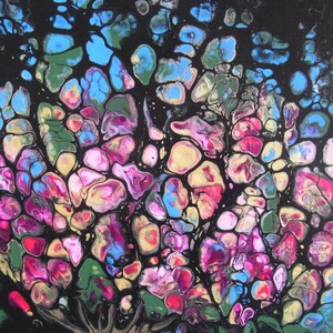May include: Abstract painting with a black background and colorful, organic shapes. The shapes are in shades of pink, blue, green, and gold. The painting has a fluid, flowing style.