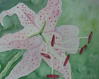 Lilie Original Aquarell Gemälde Malerei Unikat Blume  grün rosa Kunst Bild Wandschmuck 24x32 individuelle Geschenke