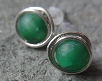 Agate green stud earrings green silver-plated