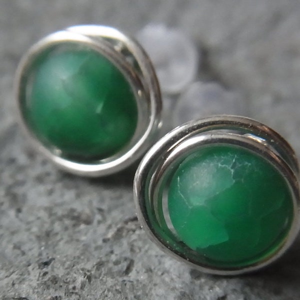 Agate green stud earrings green silver-plated