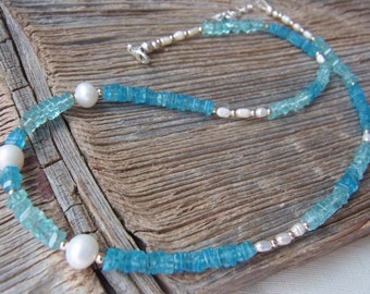 Perlen Collier, aquamarin blau, Halskette Kette, Apatit, Edelsteinkette, einzigartige Geschenke für Sie, Weihnachtsgeschenke