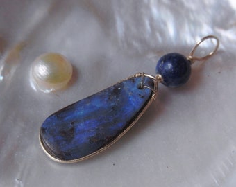 Opal Pendant Blue, Lapis Lazuli, Boulder Opal, Goldfill, Gemstone Pendant Chain Opal Jewelry Necklace, Gifts for Her
