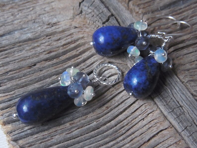Lapis lazuli opal iolit pendant silver chain pendant lapis opal gemstones necklace blue silver gifts for mothers