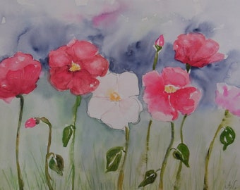 Original Aquarell Blumenwiese Kunst Wandschmuck 24x32 Malerei Bild Gemälde watercolour Art individuelle Geschenke