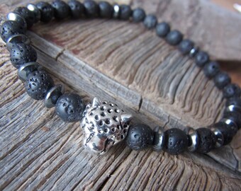 Men's Bracelet stretch Men's Lava Metal Coconut Hematite Dalmatian Jasper Gift for Him Gifts for Him