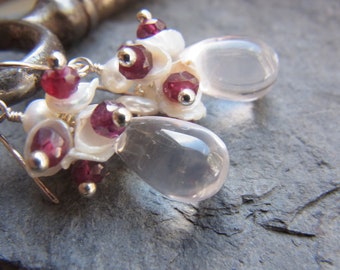 RESERVED FOR ANDREA - rose quartz earrings elf # keshi pearls - garnet # gemstone earrings - gifts for her