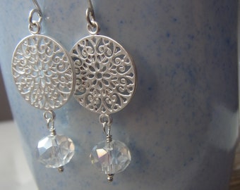 Boucles d'oreilles mandala, argent, quartz, cadeaux pour elle