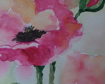 Original Aquarell Mohn Blumen Kunst Wandschmuck 24x32 Malerei Bild Gemälde Blume watercolour Art individuelle Geschenke