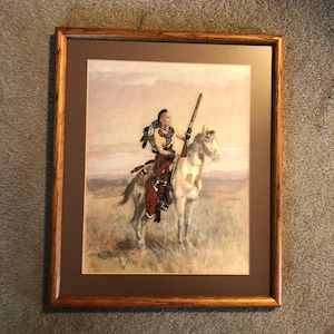 Cross Stitch Wall Art. Vintage C.M. Russell Indian Scout Needlework.