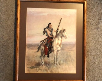 Cross Stitch Wall Art. Vintage C.M. Russell Indian Scout Needlework.