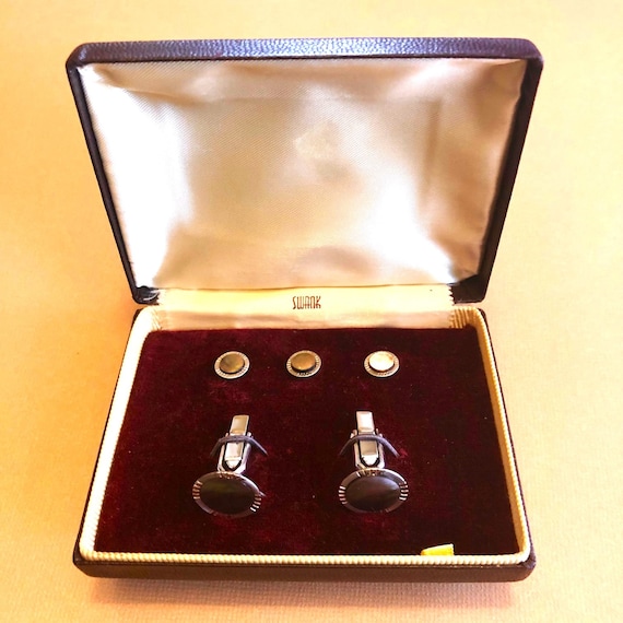Cuff Links. Vintage Swank Silver Tone and Abalone… - image 1