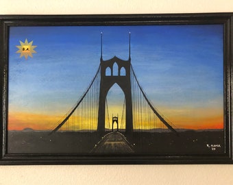 Dipinto acrilico incorniciato "St Johns Bridge". Opera d'arte originale da appendere alla parete.