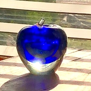 Glass Paperweight. Handblown Blue & Clear Apple Desk Art.