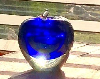 Glass Paperweight. Handblown Blue & Clear Apple Desk Art.