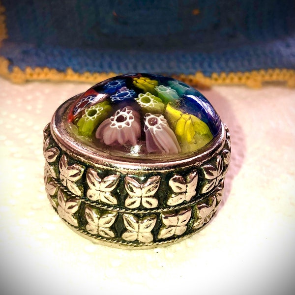 Vintage Pill Box. Victorian Silver Toned and Millefiori Pill Box.