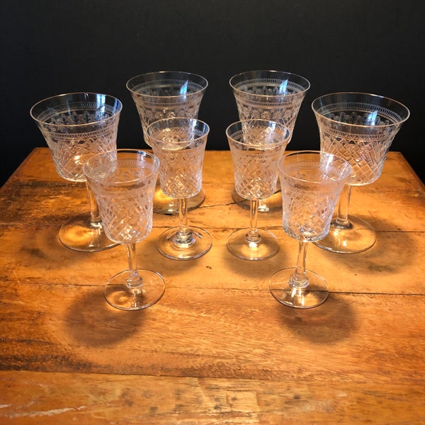 8 Antique Edwardian Liqueur Glasses, Pall Mall Lady Hamilton Pattern.