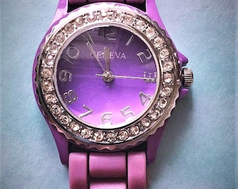 Womens Wristwatch. Vintage Geneva Rhinestone Wrist Watch.