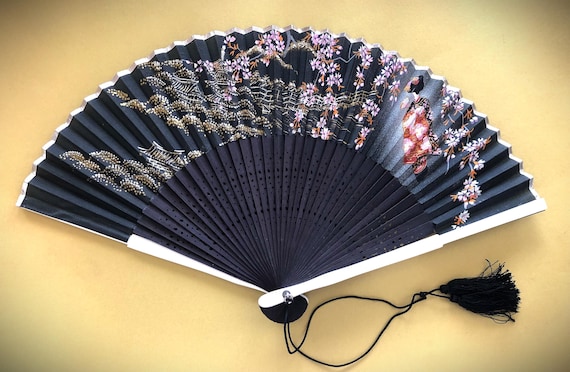 Vintage Hand Fan. Black Japanese Cherry Blossom Fan.