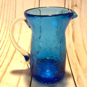 Crackle Glass Mini-Pitcher. Vintage Hand Crafted Blue Glass Pitcher.