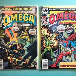 May include: Two comic book covers for Omega the Unknown, a Marvel Comics series. The cover on the left features a night scene with a character in a black and red costume fighting a group of creatures. The cover on the right features a character in a green and yellow costume fighting a character in a red and blue costume. The text on the covers reads "Omega the Unknown".