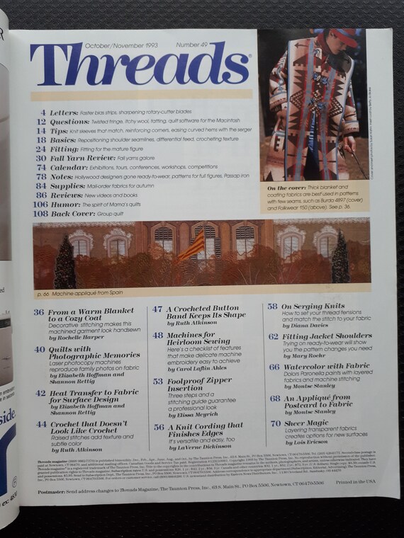Vintage Threads Magazine November 1993 Issue No. 49 - Etsy
