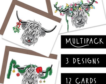 Scottish Highland Cow Christmas Card Multi Pack Mistletoe Fairylight Tinsel Greetings