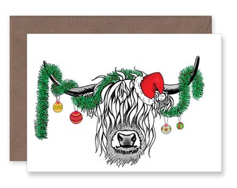 Scottish Highland Cow Christmas Card Tinsel Greetings Card