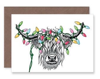 Scottish Highland Cow Christmas Card Fairylight Greetings Card