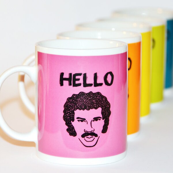 Hello Is It Tea You're Looking For - Lionel Richie Mug Bright Colours Pink Blue Orange Green Teal