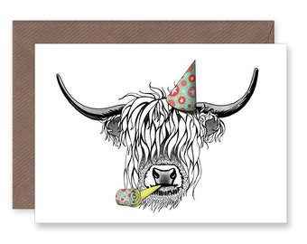 Scottish Highland Cow Birthday Card Party Hat Celebration Greetings Card