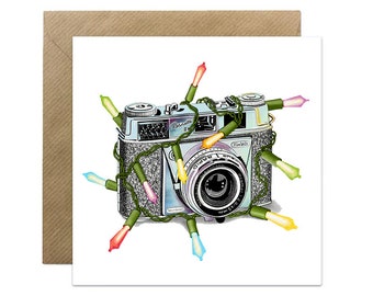 Retro Camera Photographer Christmas Card Vintage Retinette Camera Fairylights Photography