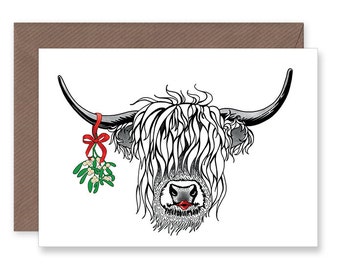 Scottish Highland Cow Christmas Card Mistletoe Greetings Card