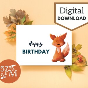 Carte de voeux d'anniversaire imprimable Téléchargement instantané - Carte de renard - Carte de 5 x 7 pouces pour anniversaire - Cartes d'anniversaire de renard - Carte d'anniversaire avec renard